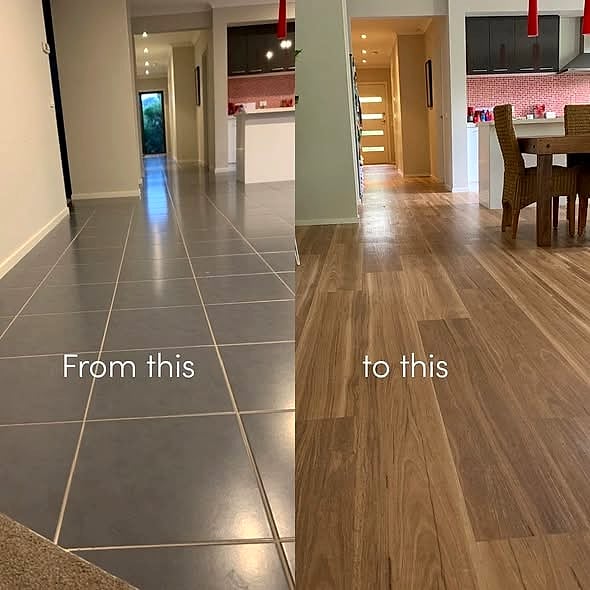 Before and after flooring, tile replaced with timber-look flooring