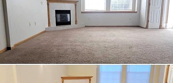 Before: worn carpet in a fireplace living room